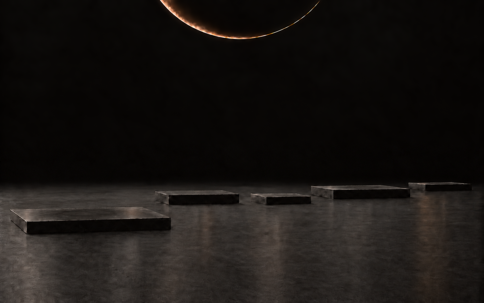 Five low plinths in a dark hall beneath an eclipse